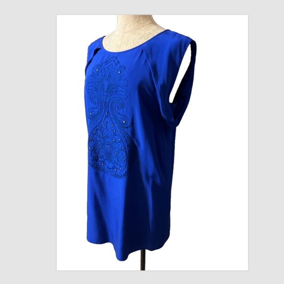 Anthropologie TIBI Dress Cobalt Blue 8 Silk Beaded Shift Short Sleeve V Back - Picture 2 of 10